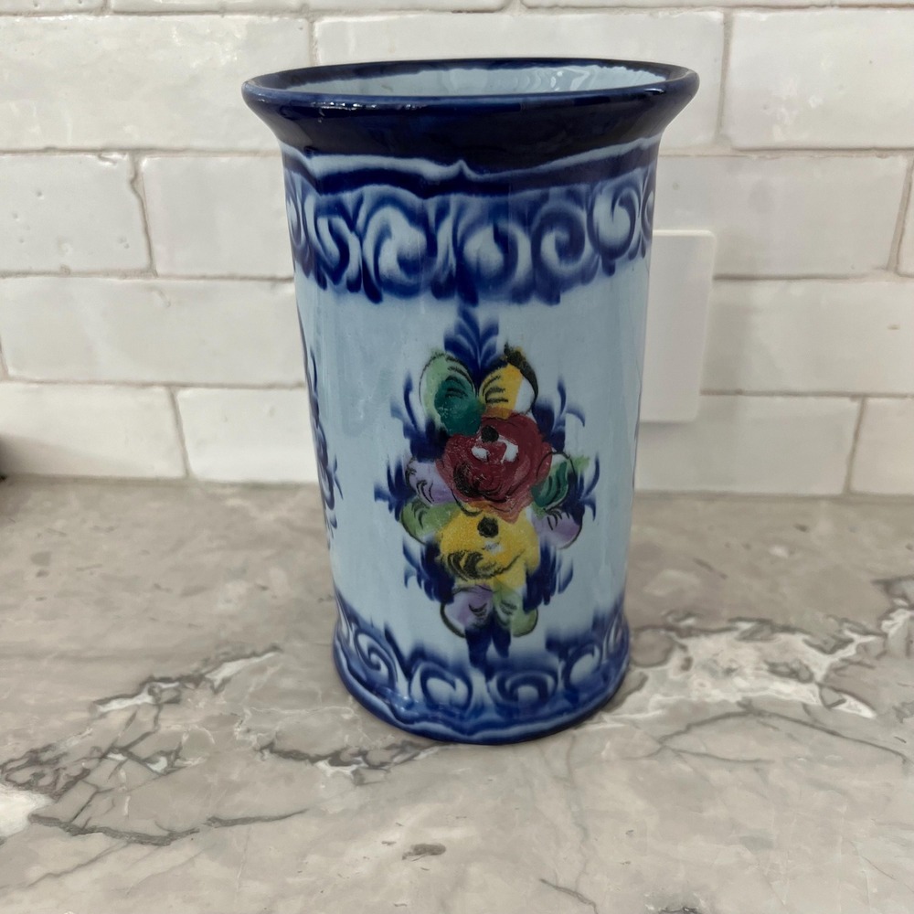 Made in Portugal Blue Floral Vase or Utensil holder - Picture 3 of 7